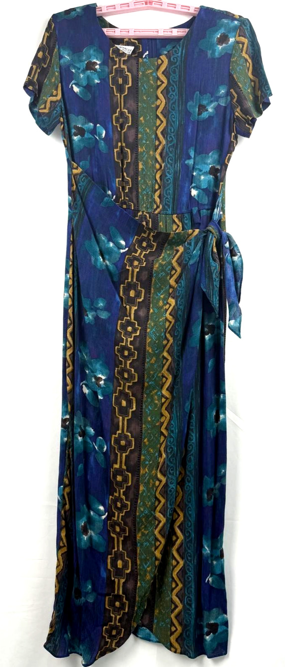 Vintage KC Spencer Newyork Blue Printed Short Sleeve Wrap Dress Women’s Size 8